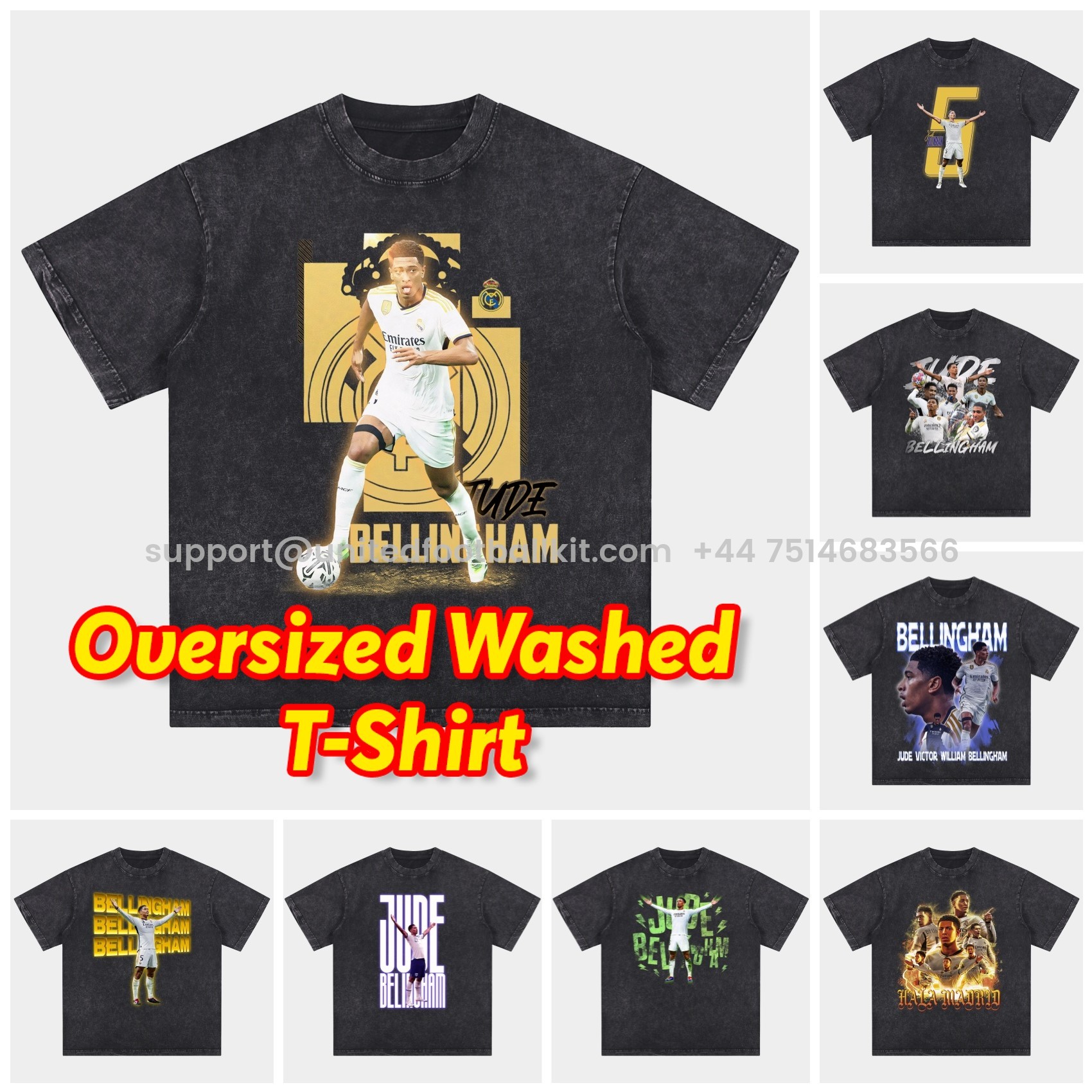 Unitedfootballkit.com | Bellingham Real Madrid England 24-25 25-26 Oversized Washed T-Shirt -Customize Name, Number and Patch | Worldwide Shipping