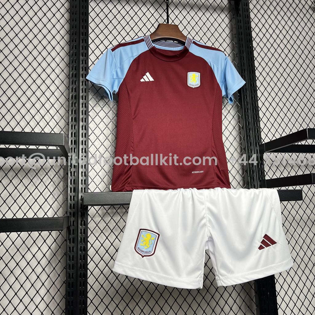 Unitedfootballkit.com | Aston Villa 24-25 Home Stadium Kids Kit -Customize Name, Number and Patch | Worldwide Shipping