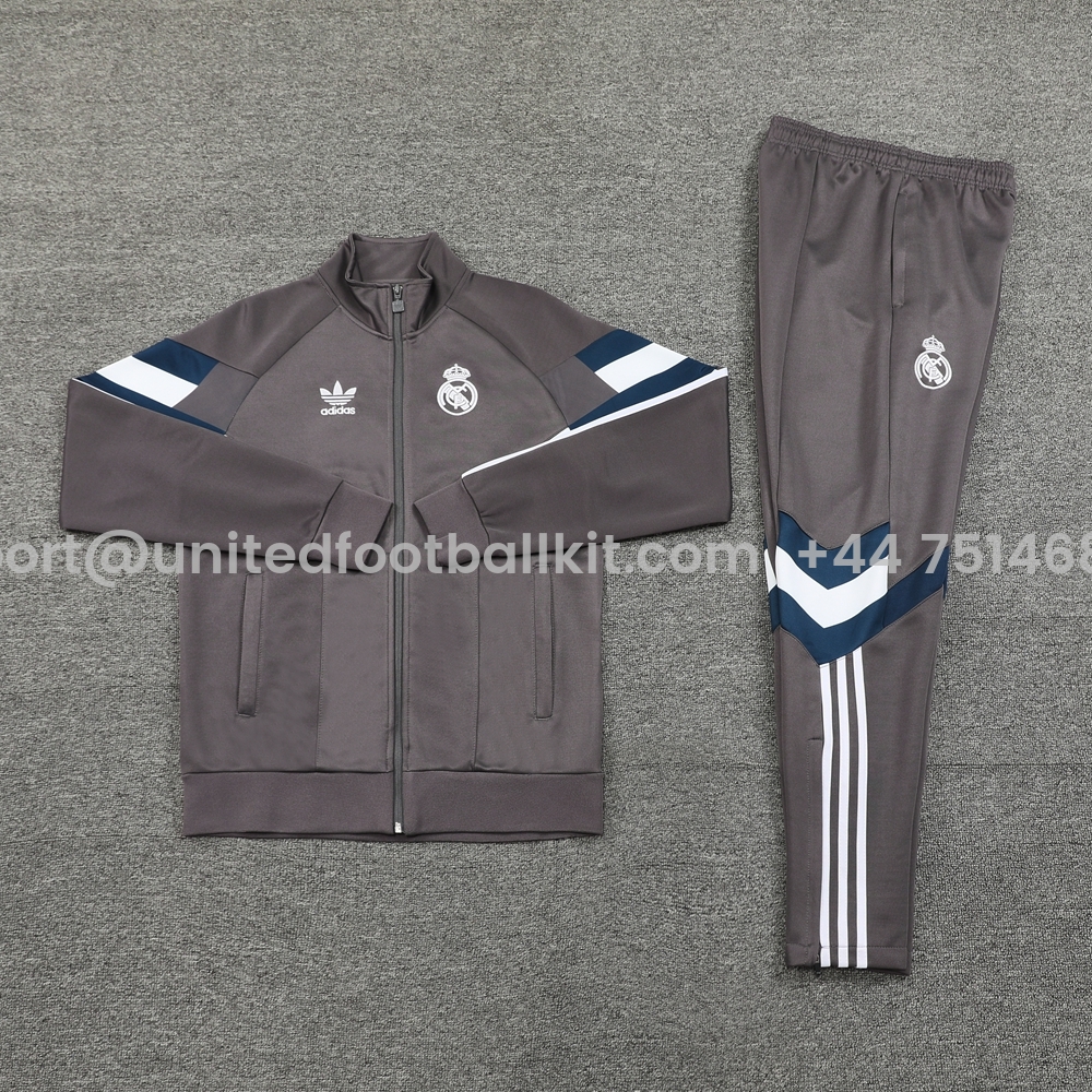 Unitedfootballkit.com | Real Madrid 24-25 Trefoil Vintage Jacket Training Tracksuit - Grey -Customize Name, Number and Patch | Worldwide Shipping