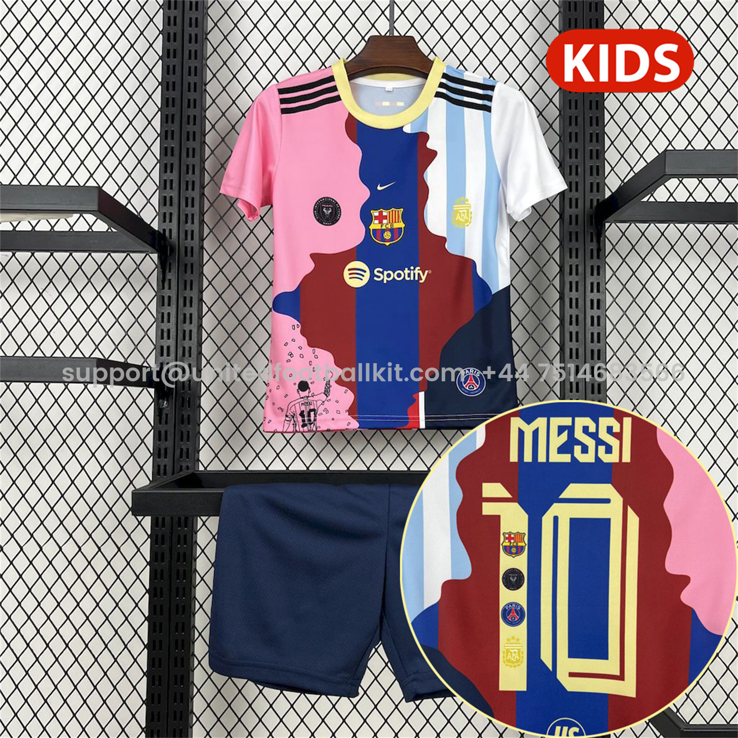 Unitedfootballkit.com | Messi Career Commemorative Kids Kit with Messi #10 - Barcelona Argentina Paris Saint-Germain PSG INT M.A.M -Customize Name, Number and Patch | Worldwide Shipping