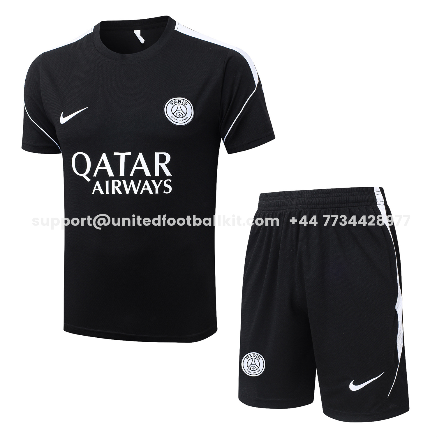 Unitedfootballkit.com | Paris Saint-Germain PSG 26-27 Short-Sleeve Training Set - White Border Black Top & Shorts -Customize Name, Number and Patch | Worldwide Shipping