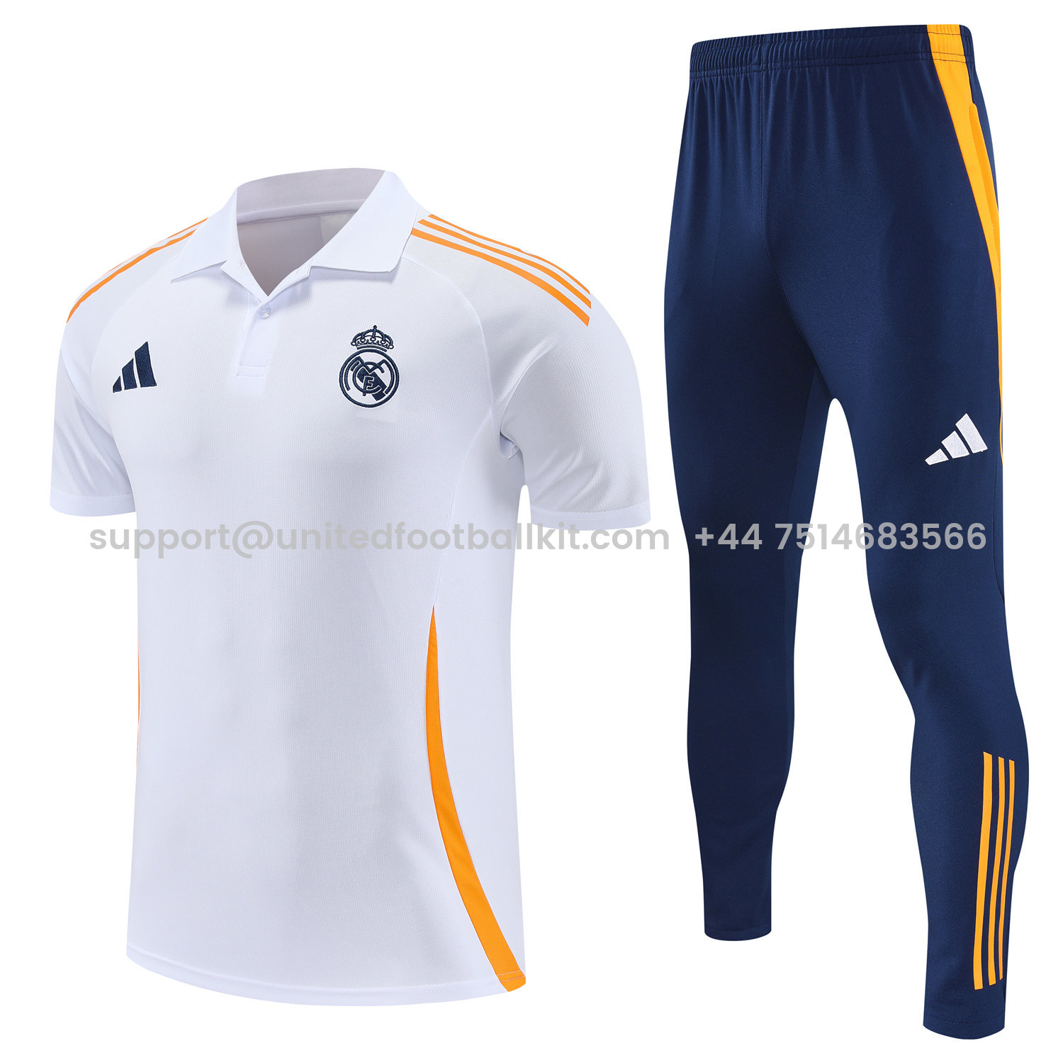 Unitedfootballkit.com | Real Madrid 25-26 POLO Short-Sleeve Training Set - White Top and Deep Blue Pants -Customize Name, Number and Patch | Worldwide Shipping