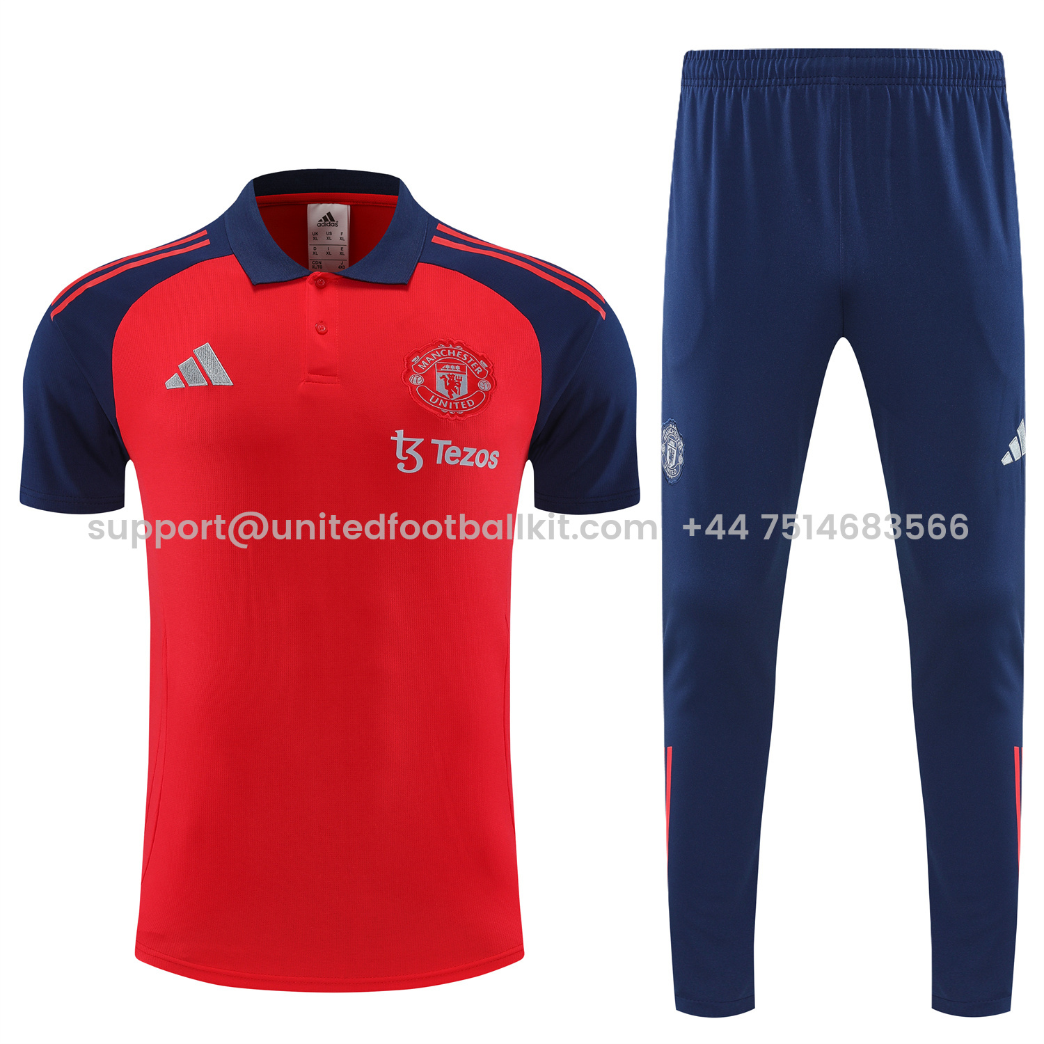 Unitedfootballkit.com | Manchester United 25-26 POLO Short-Sleeve Training Set - Red Top and Deep Blue Pants -Customize Name, Number and Patch | Worldwide Shipping