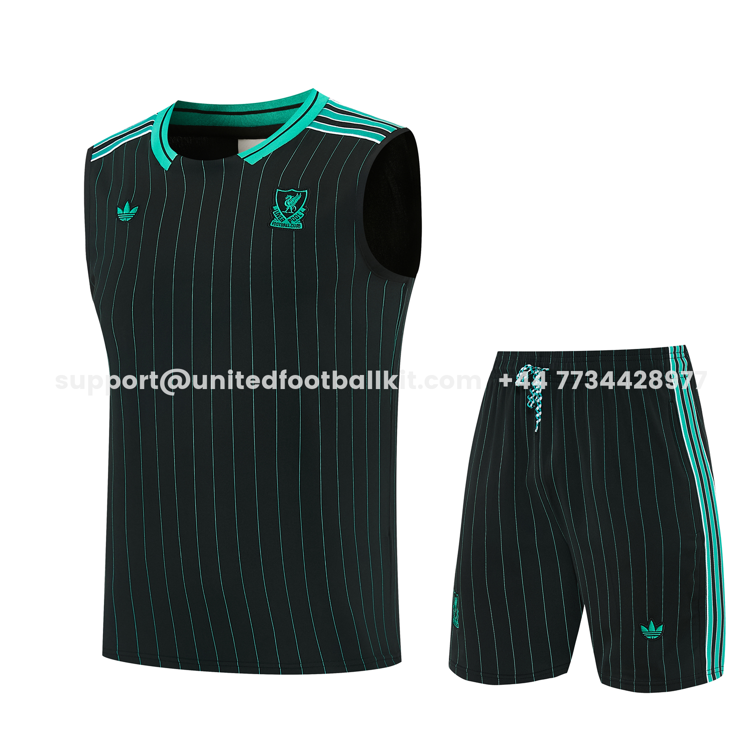 Unitedfootballkit.com | Liver.pool 25-26 Retro Style Vest Training Set - Black With Turquoise Stripes Top & Pants -Customize Name, Number and Patch | Worldwide Shipping