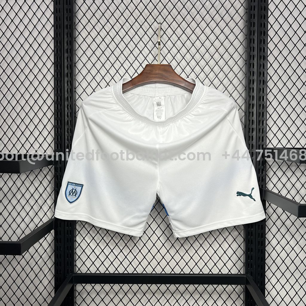 Unitedfootballkit.com | Marseille 24-25 Home Stadium Shorts - Fans Version -Customize Name, Number and Patch | Worldwide Shipping