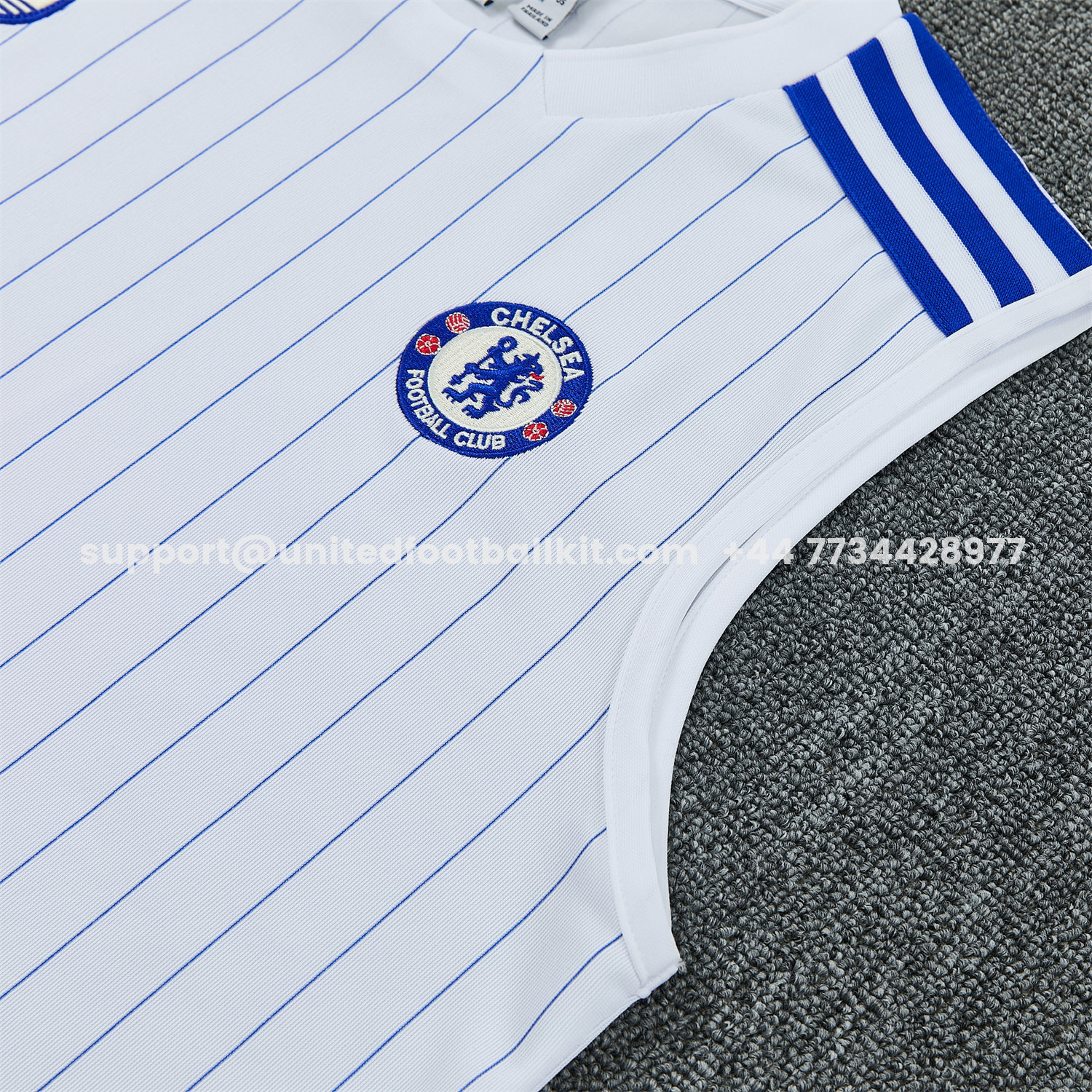 Unitedfootballkit.com | C.H.E.L.S.E.A 25-26 Retro Style Vest Training Set - White Top & Blue Stripes Pants -Customize Name, Number and Patch | Worldwide Shipping