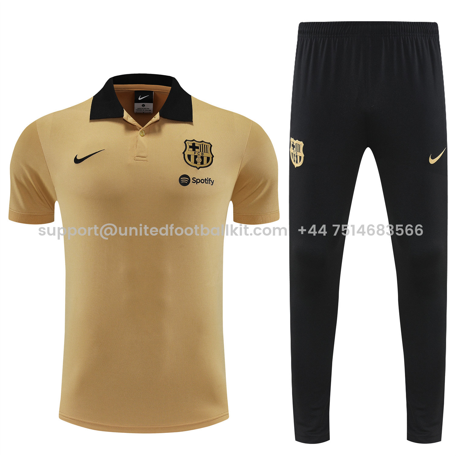 Unitedfootballkit.com | Barcelona 25-26 POLO Short-Sleeve Training Set - Light Brown Top and Black Pants -Customize Name, Number and Patch | Worldwide Shipping
