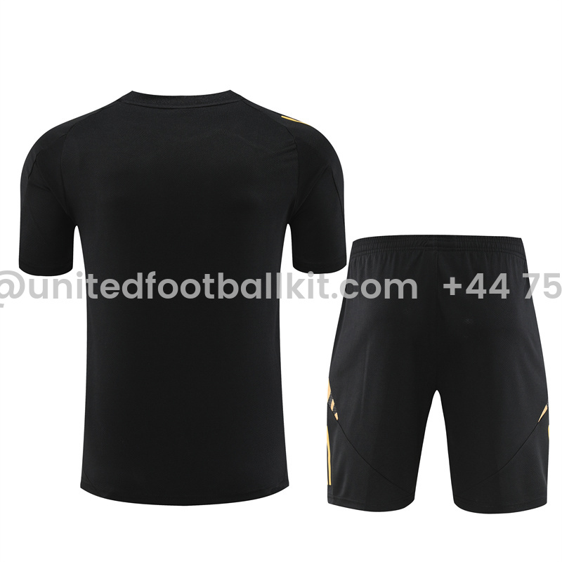 Unitedfootballkit.com | Real Madrid 24-25 Short-Sleeve Training Kids Kit - Black Gold -Customize Name, Number and Patch | Worldwide Shipping