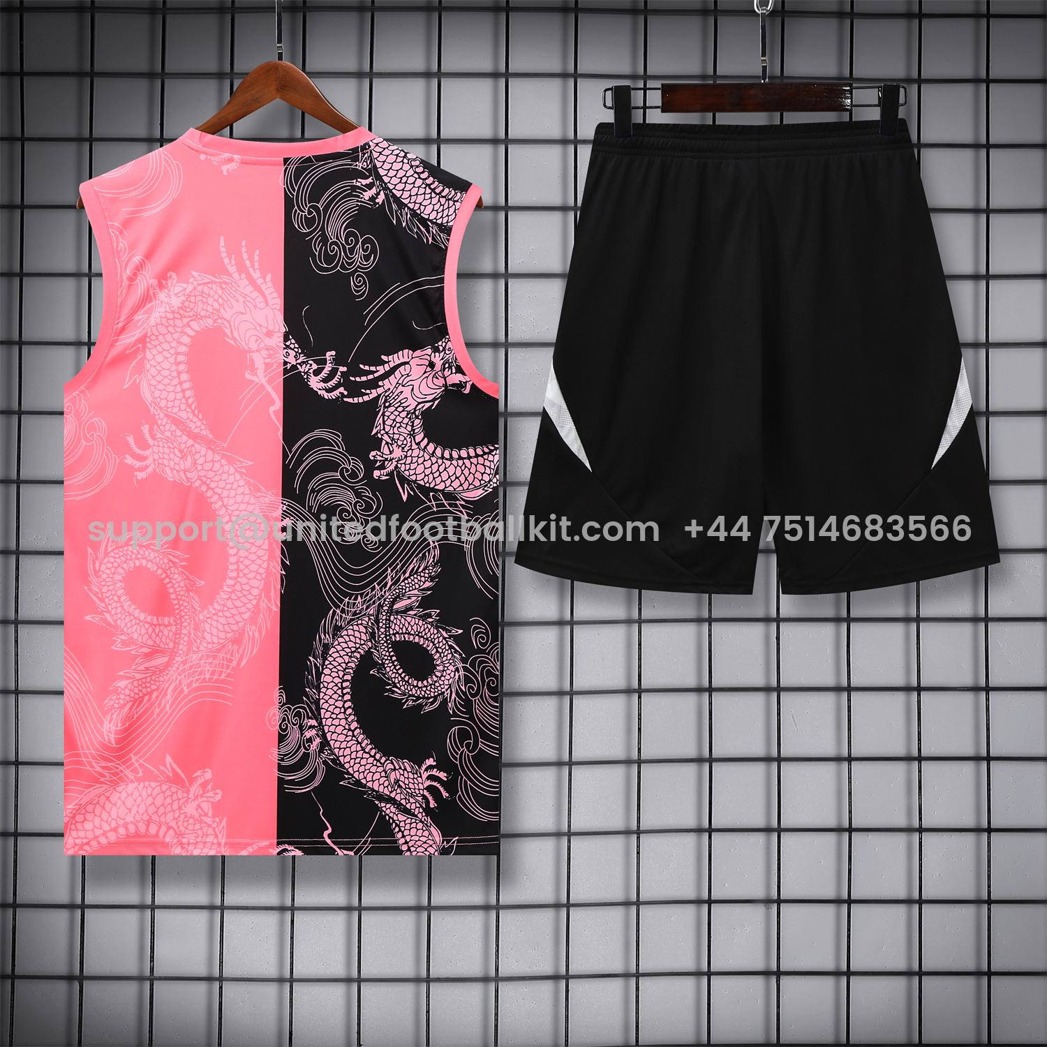 Unitedfootballkit.com | Real Madrid 25-26 Vest Training Set - Pink-Black Dragon Vest & Black-White Shorts -Customize Name, Number and Patch | Worldwide Shipping
