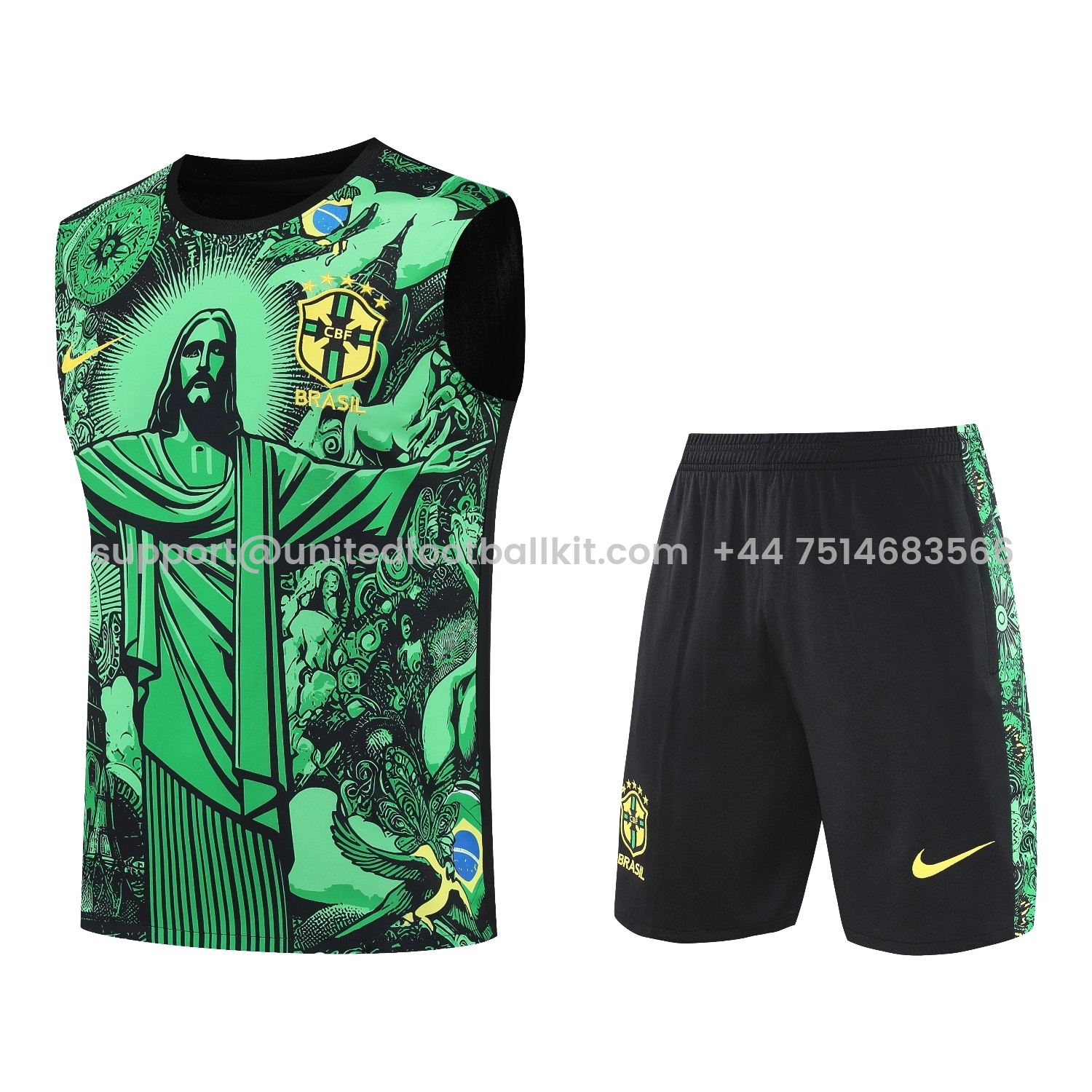 Unitedfootballkit.com | Brazil 25-26 Green Jesus Statue Vest Training Set - Green Vest & Black Shorts -Customize Name, Number and Patch | Worldwide Shipping