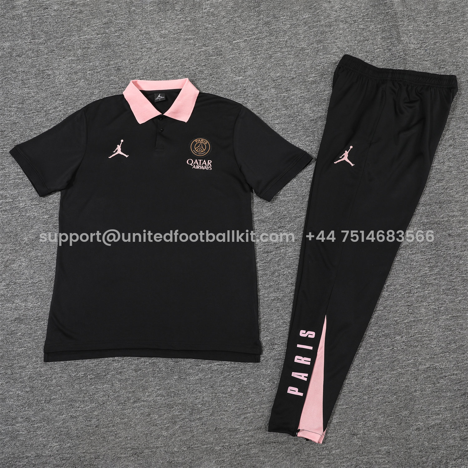 Unitedfootballkit.com | Paris Saint-Germain PSG 25-26 POLO Short-Sleeve Training Set - Black Top and Pants -Customize Name, Number and Patch | Worldwide Shipping