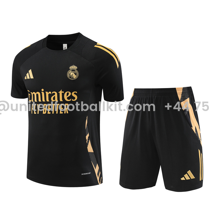 Unitedfootballkit.com | Real Madrid 24-25 Short-Sleeve Training Kids Kit - Black Gold -Customize Name, Number and Patch | Worldwide Shipping