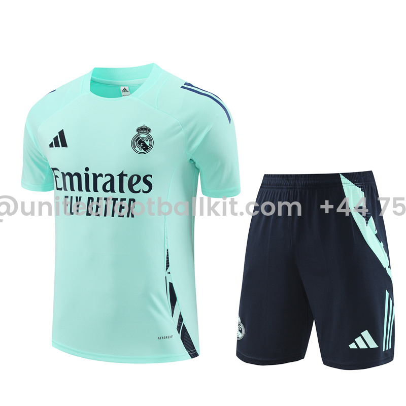 Unitedfootballkit.com | Real Madrid 24-25 Short-Sleeve Training Set - Lake Blue -Customize Name, Number and Patch | Worldwide Shipping