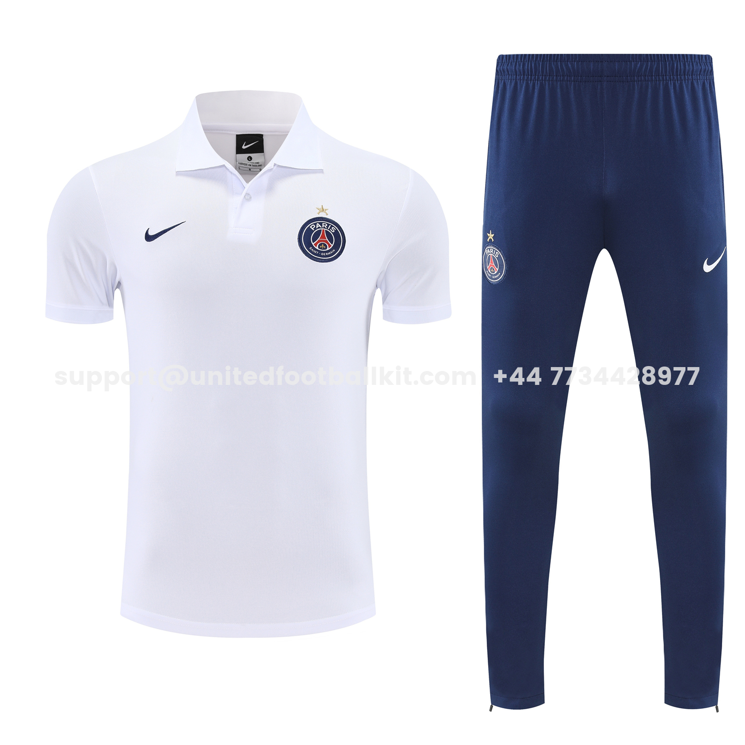 Unitedfootballkit.com | Paris Saint-Germain PSG 25-26 POLO Short-Sleeve Training Set - White Top and Dark Blue Pants -Customize Name, Number and Patch | Worldwide Shipping
