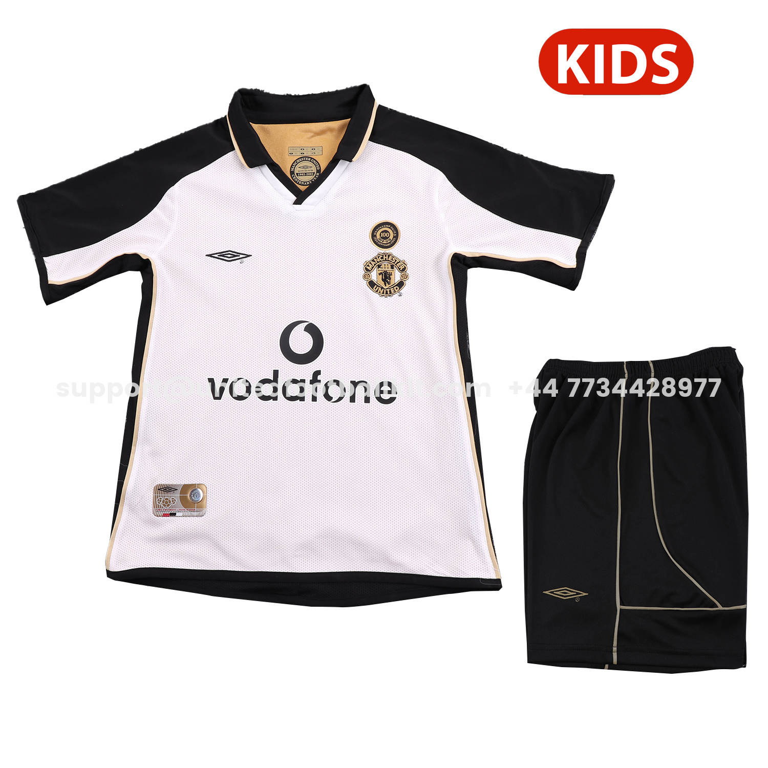 Unitedfootballkit.com | Retro Manchester United 2001-02 100th Centery Kids Kit - White -Customize Name, Number and Patch | Worldwide Shipping