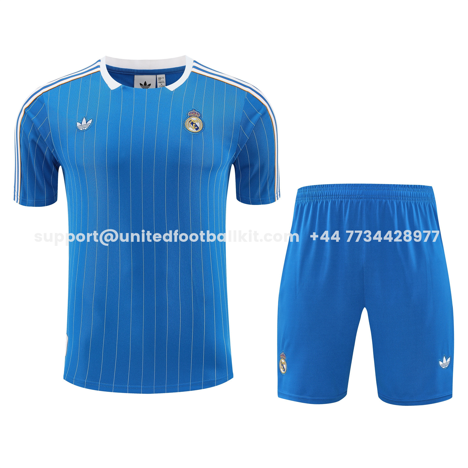 Unitedfootballkit.com | Real Madrid 25-26 Short-Sleeve Training Set - Blue Vest & Blue Shorts -Customize Name, Number and Patch | Worldwide Shipping