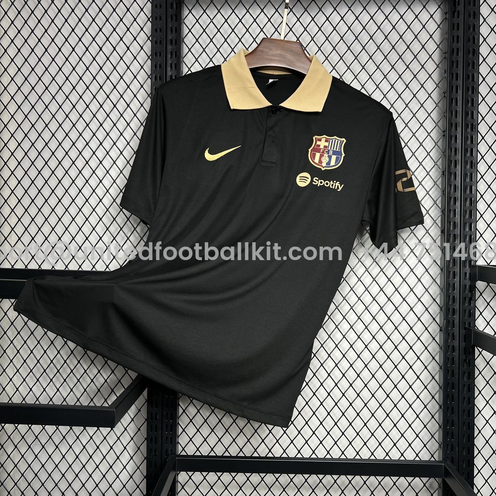 Unitedfootballkit.com | Barcelona 24-25 Black Gold Polo Shirt - Fans Version -Customize Name, Number and Patch | Worldwide Shipping