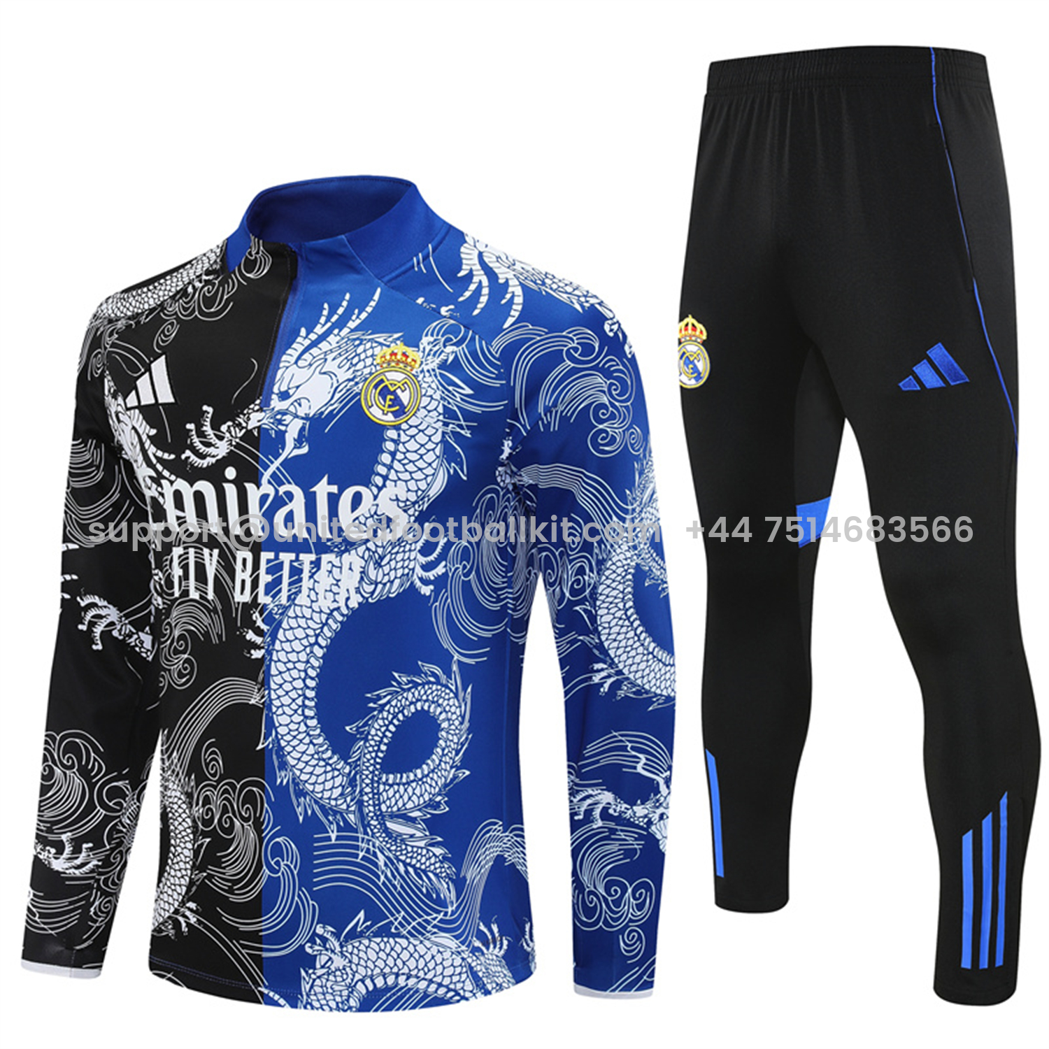 Unitedfootballkit.com | Real Madrid 25-26 Long Sleeve Training Set - White Loong Black Blue Top and Black Pants -Customize Name, Number and Patch | Worldwide Shipping