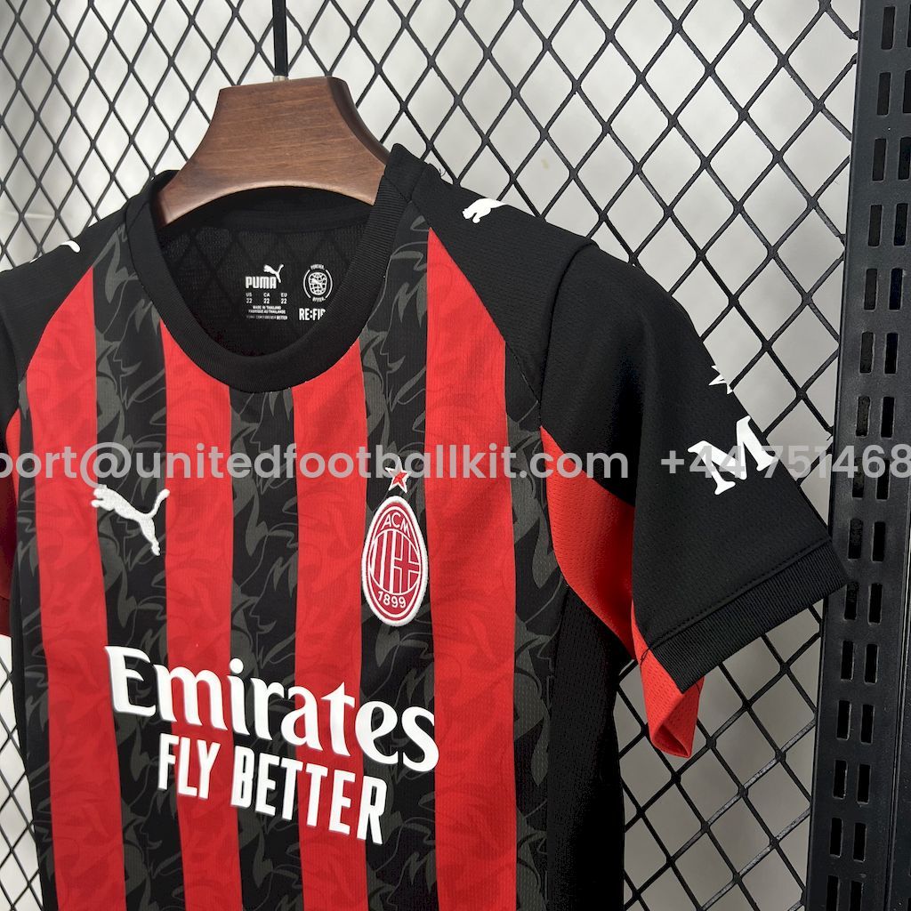 Unitedfootballkit.com | AC Milan 25-26 Home Kids Kit -Customize Name, Number and Patch | Worldwide Shipping