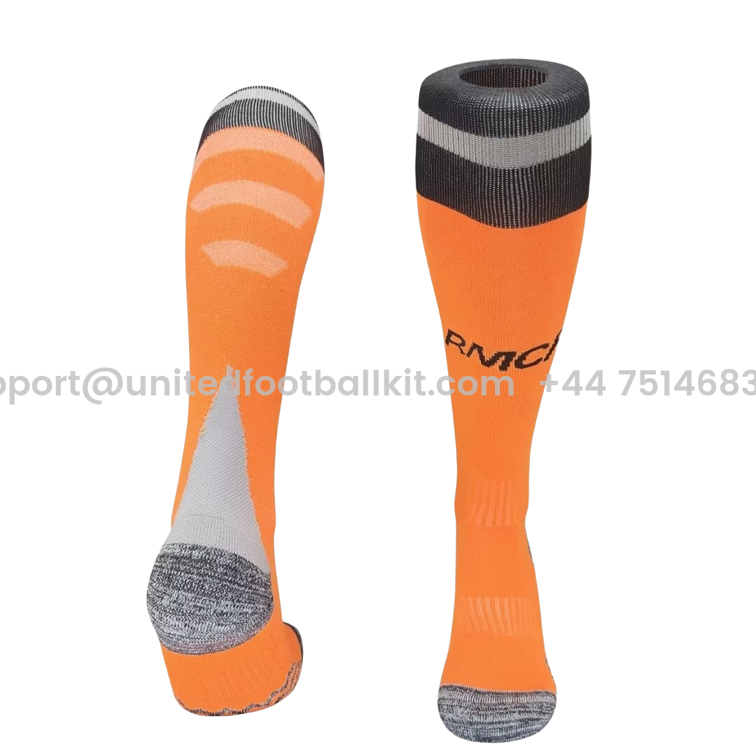 Unitedfootballkit.com | Real Madrid 24-25 Away Socks - Orange -Customize Name, Number and Patch | Worldwide Shipping