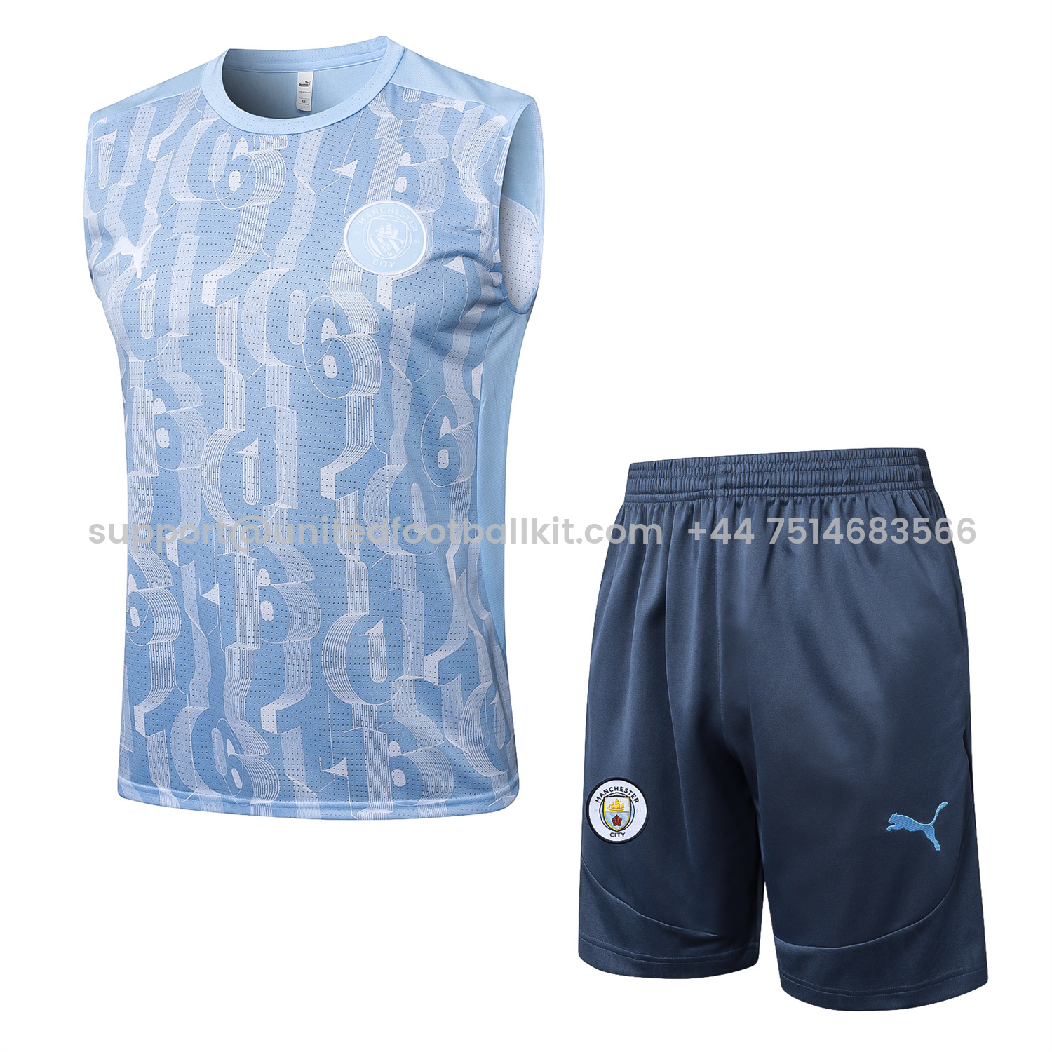 Unitedfootballkit.com | Manchester City 25-26 Vest Training Set - Sky Blue Vest and Deep Blue Shorts -Customize Name, Number and Patch | Worldwide Shipping
