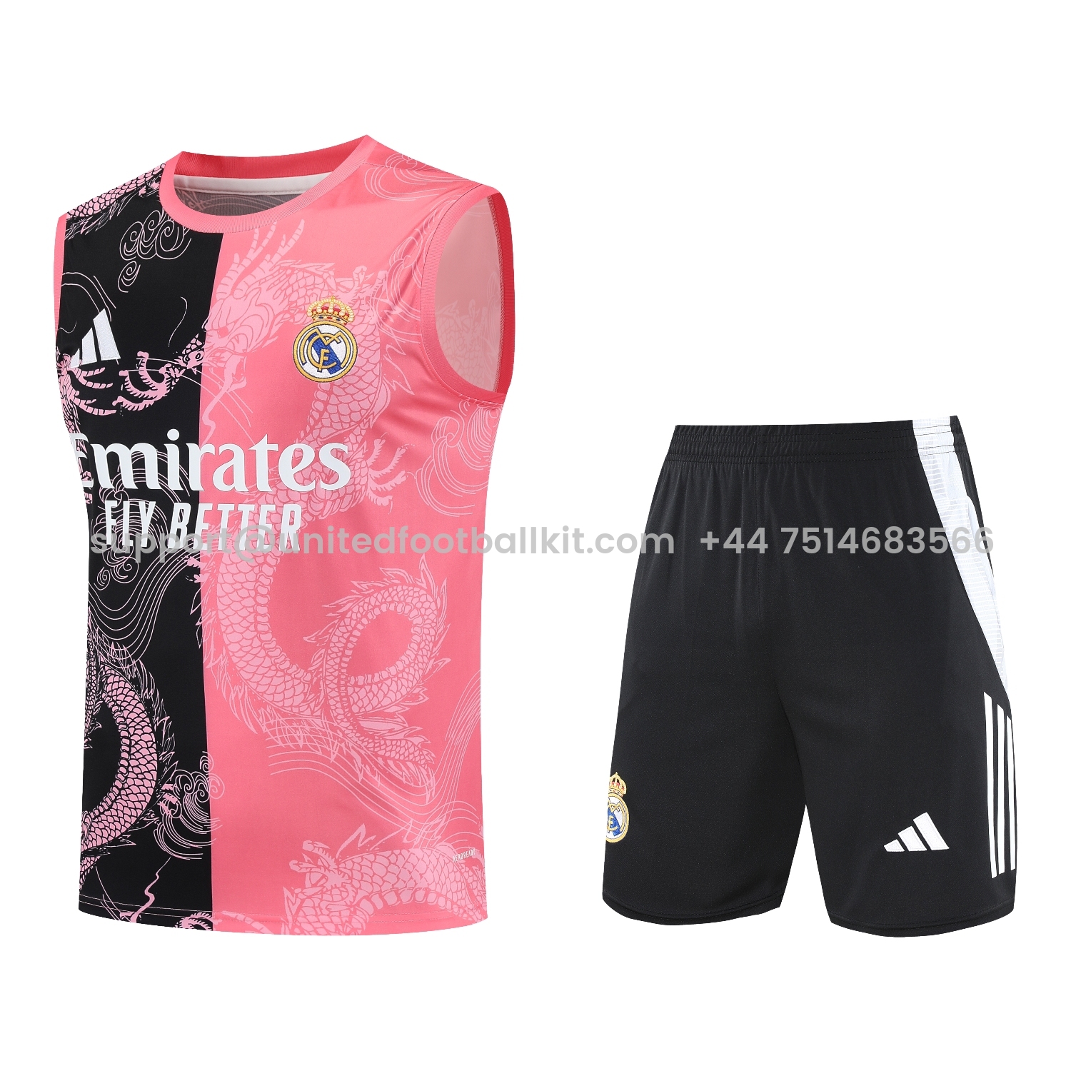 Unitedfootballkit.com | Real Madrid 25-26 Vest Training Set - Pink-Black Dragon Vest & Black-White Shorts -Customize Name, Number and Patch | Worldwide Shipping