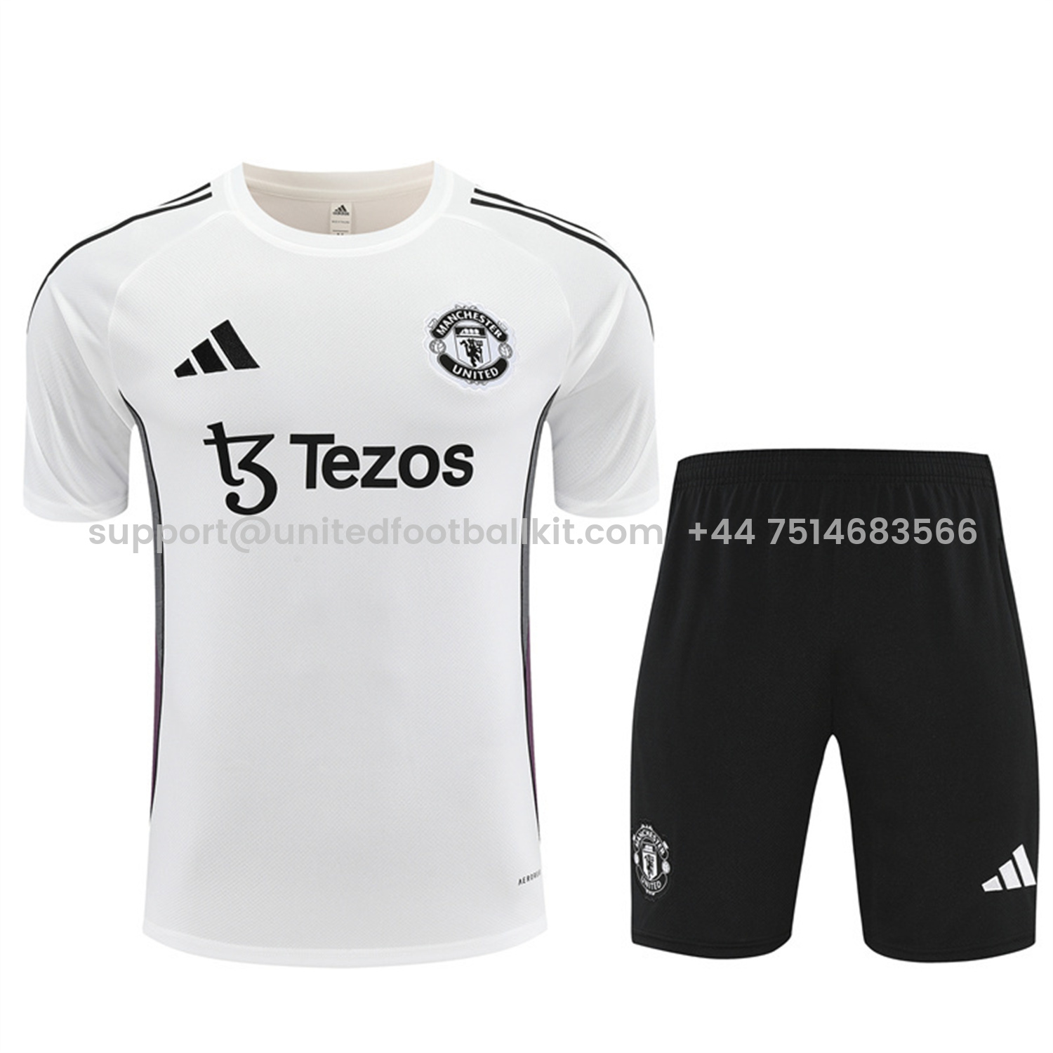 Unitedfootballkit.com | Manchester United 25-26 Short-Sleeve Training Set - White Purple Top & Black Shorts -Customize Name, Number and Patch | Worldwide Shipping
