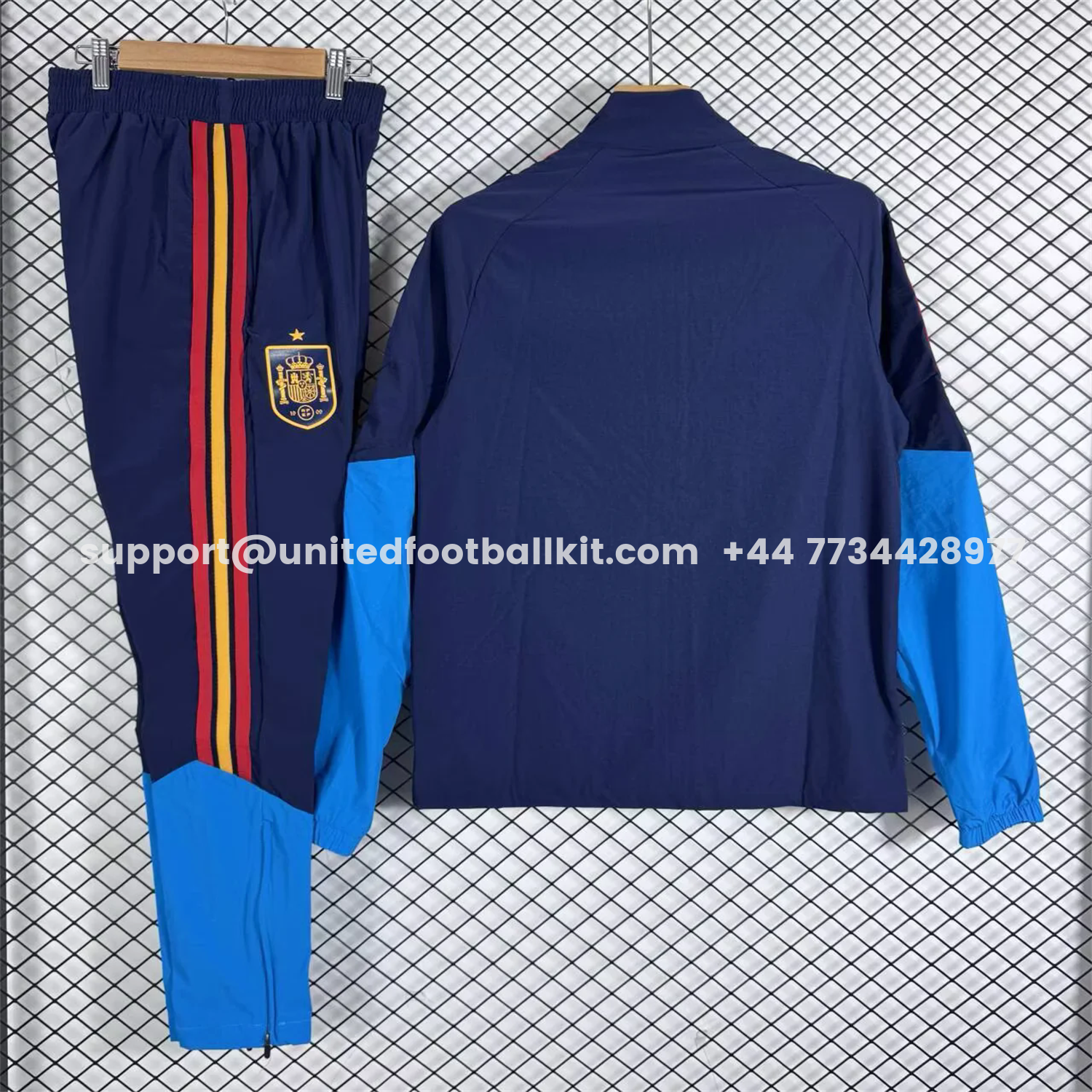 Unitedfootballkit.com | Spain 2026 Windbreaker Training Set - Blue Top and Pants -Customize Name, Number and Patch | Worldwide Shipping