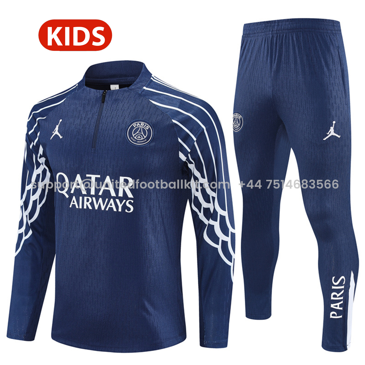 Unitedfootballkit.com | Paris Saint-Germain PSG 25-26 Kids Long Sleeve Training Set - JD White Wing Royal Blue Top and Pants -Customize Name, Number and Patch | Worldwide Shipping