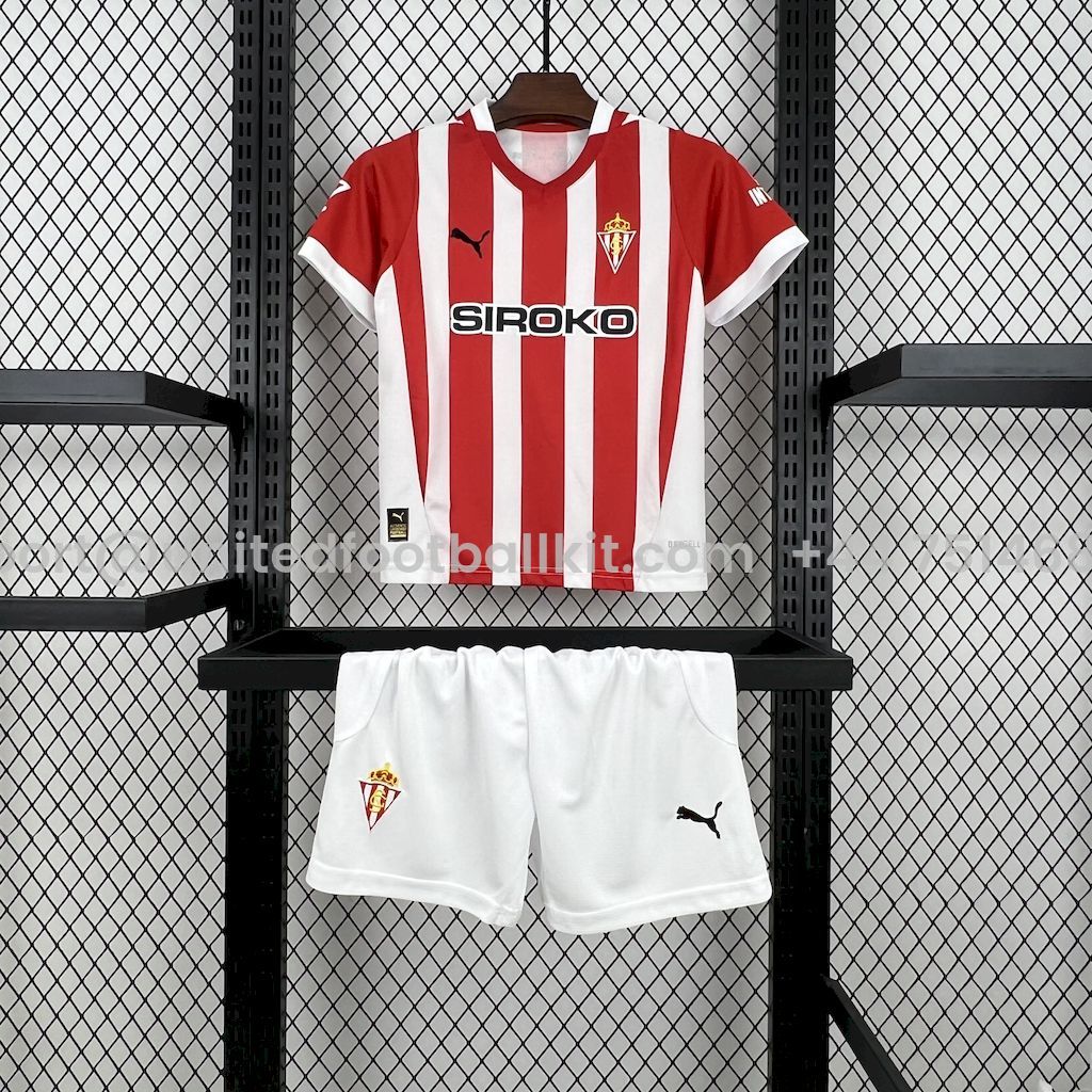 Unitedfootballkit.com | Sporting de Gijon 24-25 Home Kids Kit -Customize Name, Number and Patch | Worldwide Shipping