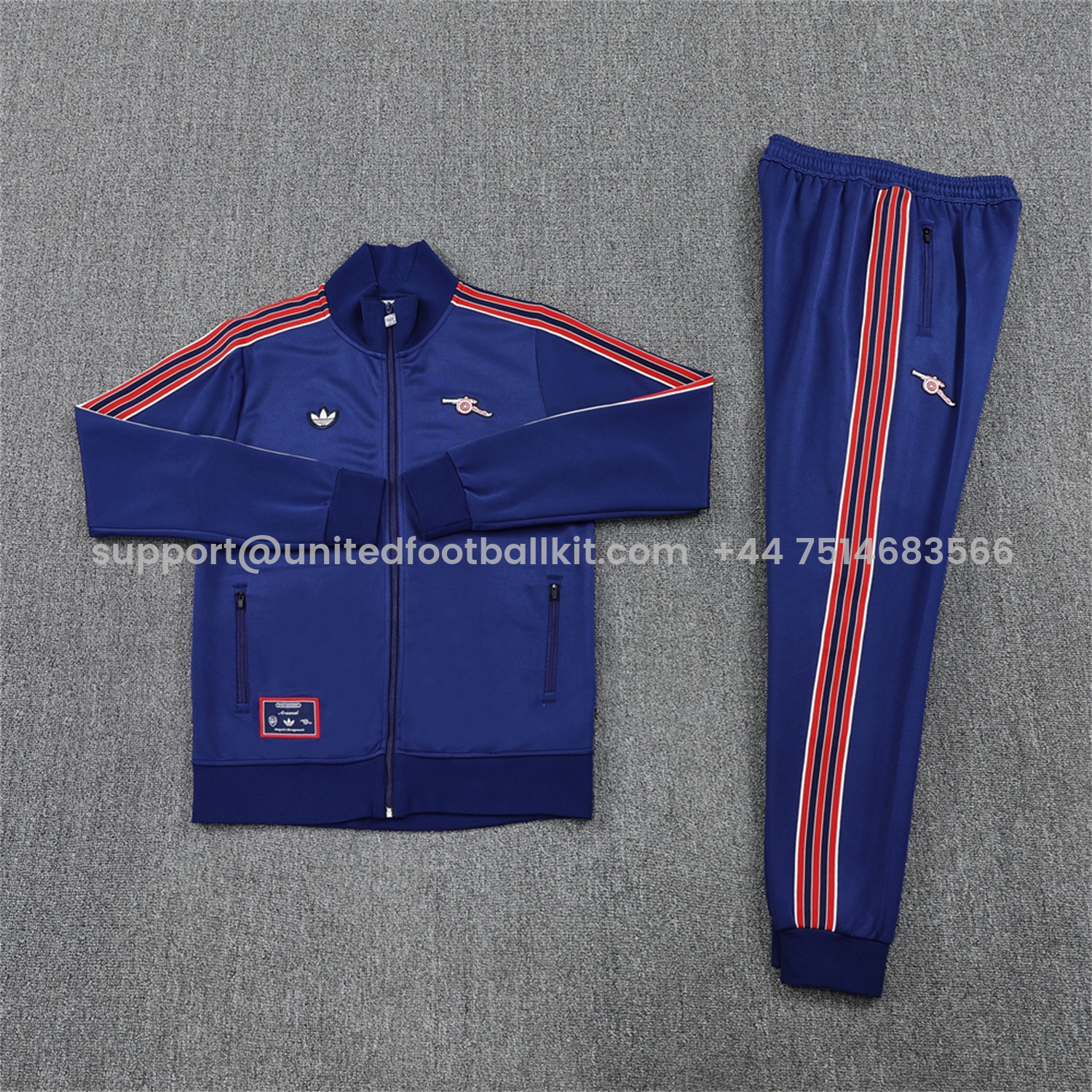 Unitedfootballkit.com | Arsenal 25-26 Throwback Trefoil Jacket Training Tracksuit - Royal Blue Jackets & Pants -Customize Name, Number and Patch | Worldwide Shipping