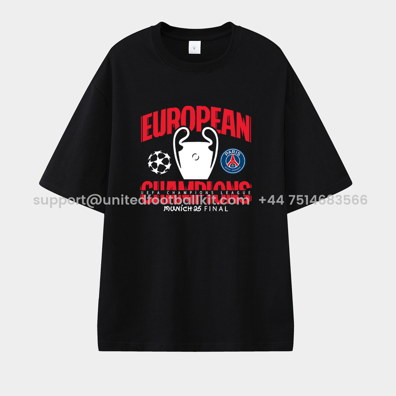 Unitedfootballkit.com | Paris Saint-Germain PSG 2025 European Champions Winner Unisex Pure Cotton T-shirt -Customize Name, Number and Patch | Worldwide Shipping