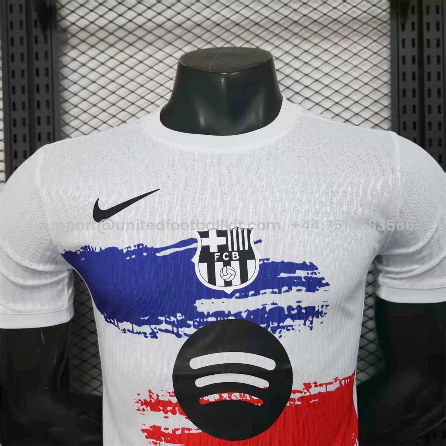 Unitedfootballkit.com | Barcelona 25-26 White Jersey with Red Blue Ink Horizontal Stripes Jersey - Player Version -Customize Name, Number and Patch | Worldwide Shipping