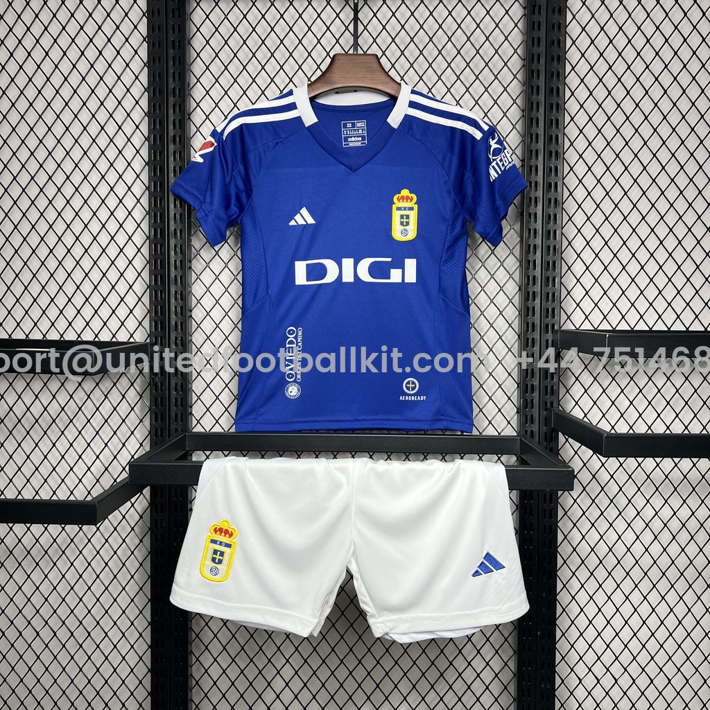 Unitedfootballkit.com | Real Oviedo 24-25 Home Kids Kit -Customize Name, Number and Patch | Worldwide Shipping