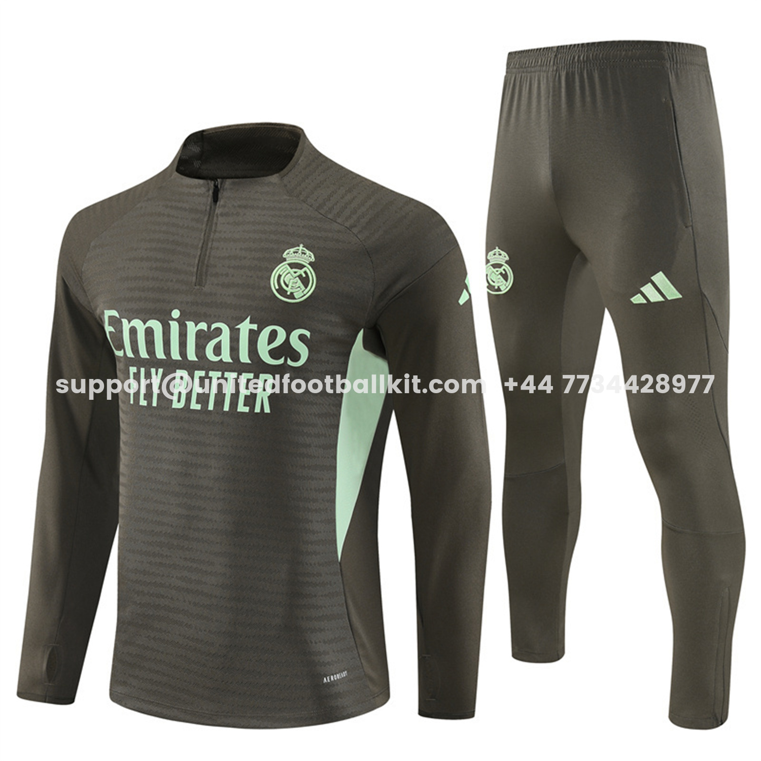 Unitedfootballkit.com | Real Madrid 25-26 Long Sleeve Training Set - Player Version - Khaki Top and Khaki Pants -Customize Name, Number and Patch | Worldwide Shipping