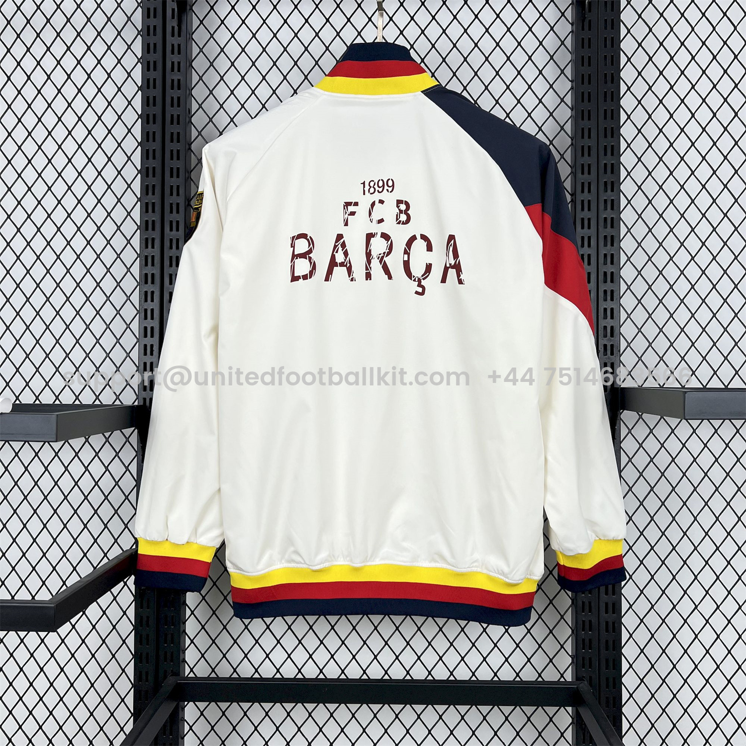 Unitedfootballkit.com | Retro Barcelona 1994-95 Player Windbreaker - White -Customize Name, Number and Patch | Worldwide Shipping