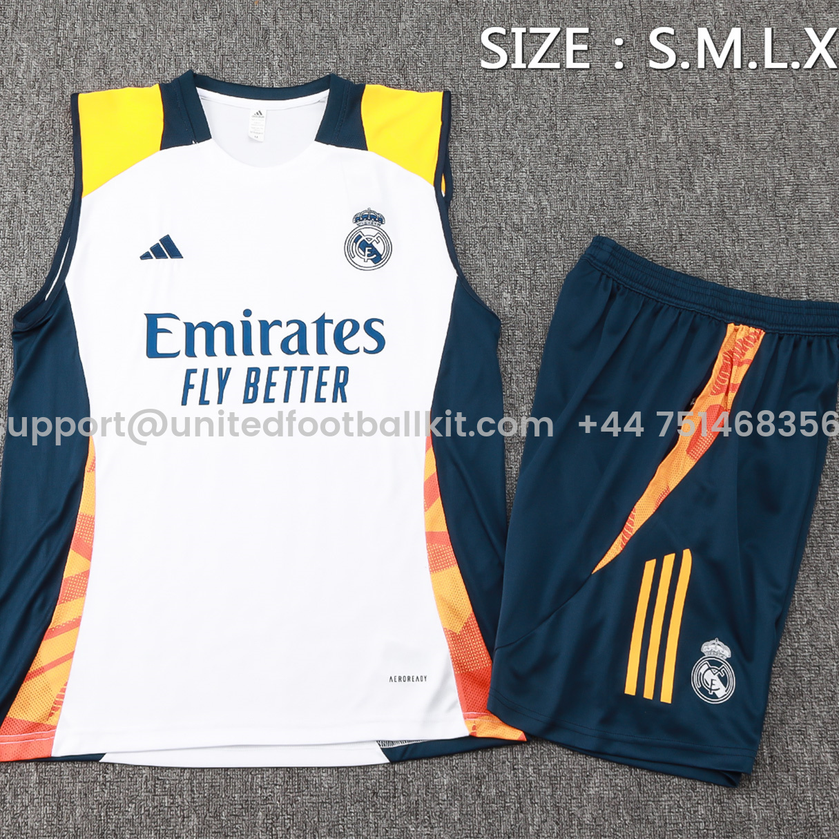 Unitedfootballkit.com | Real Madrid 24-25 Vest Training Set - White -Customize Name, Number and Patch | Worldwide Shipping