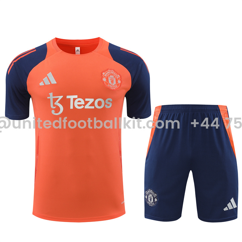 Unitedfootballkit.com | Manchester United 24-25 Short-Sleeve Training Kids Kit - Orange -Customize Name, Number and Patch | Worldwide Shipping