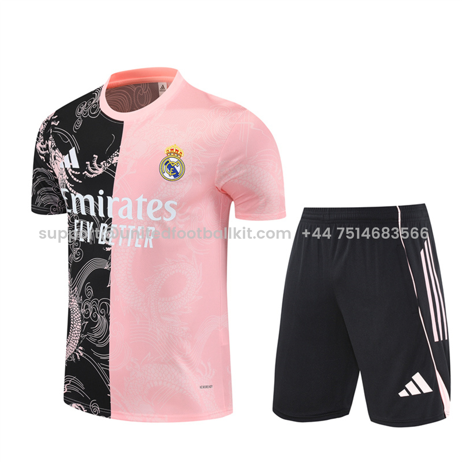 Unitedfootballkit.com | Real Madrid 25-26 Short-Sleeve Training Set - Pink Black Top & Black Shorts -Customize Name, Number and Patch | Worldwide Shipping