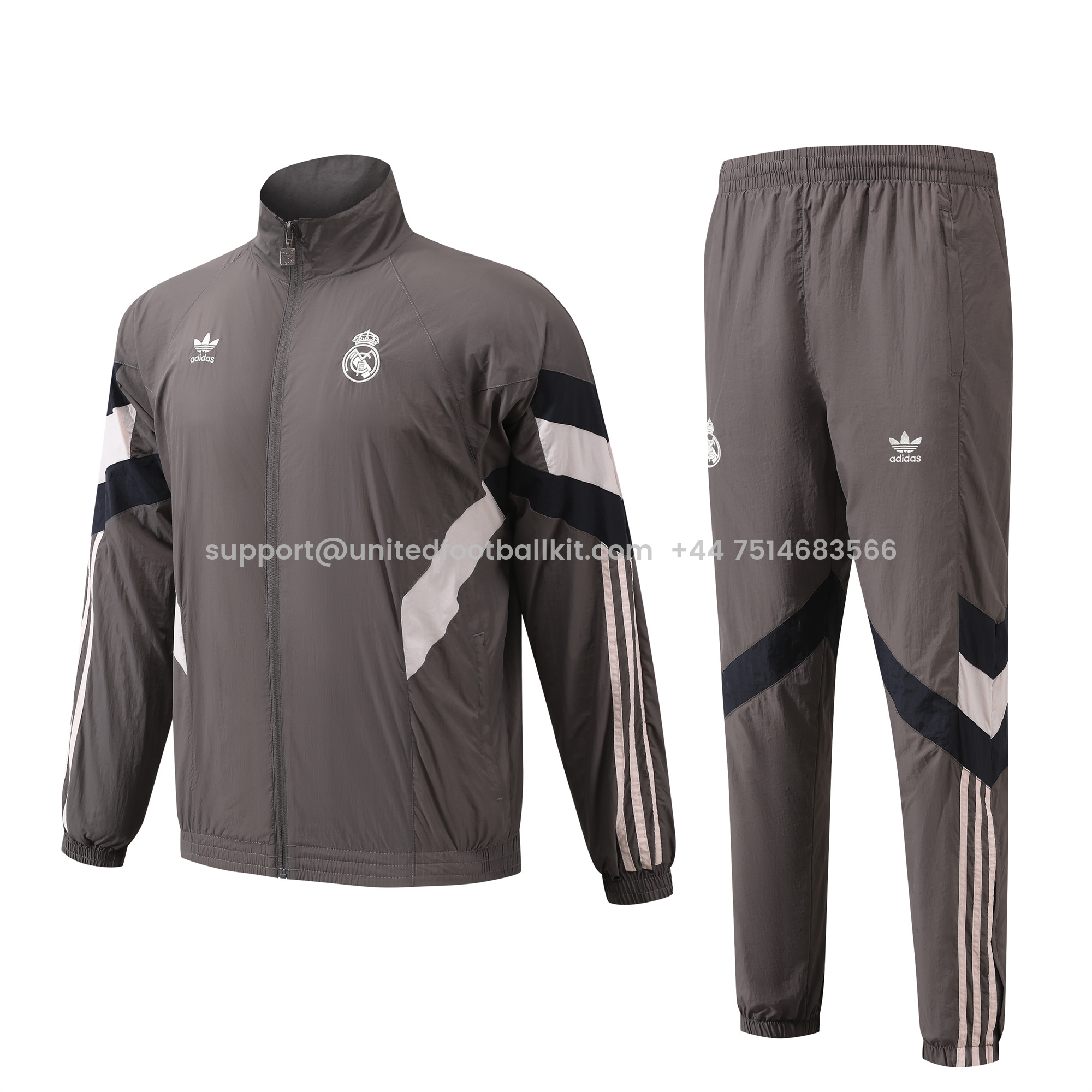 Unitedfootballkit.com | Real Madrid 24-25 Throwback Windbreaker Suit - Grey Jackets & Pants -Customize Name, Number and Patch | Worldwide Shipping