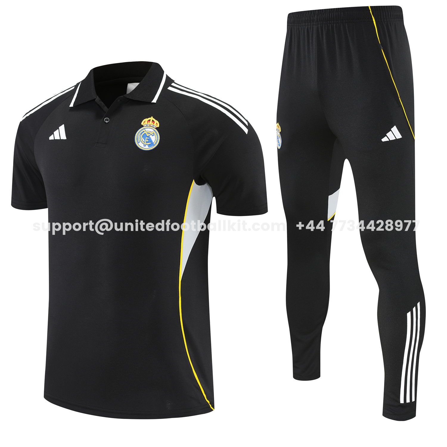 Unitedfootballkit.com | Real Madrid 25-26 POLO Short-Sleeve Training Set - Black Top and Black Pants -Customize Name, Number and Patch | Worldwide Shipping