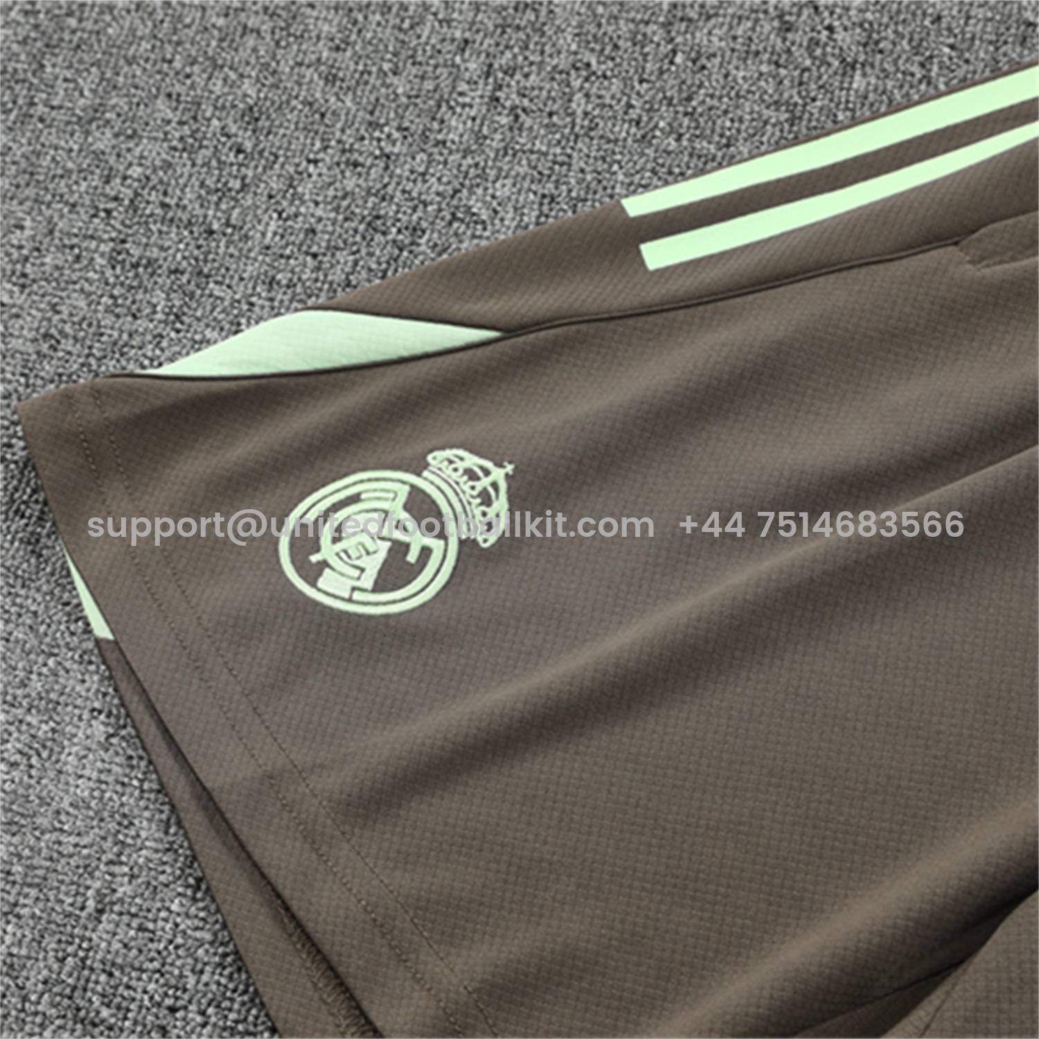 Unitedfootballkit.com | Real Madrid 25-26 Kids Short-Sleeve Training Set - Light Green Top and Dark Khaki Shorts -Customize Name, Number and Patch | Worldwide Shipping