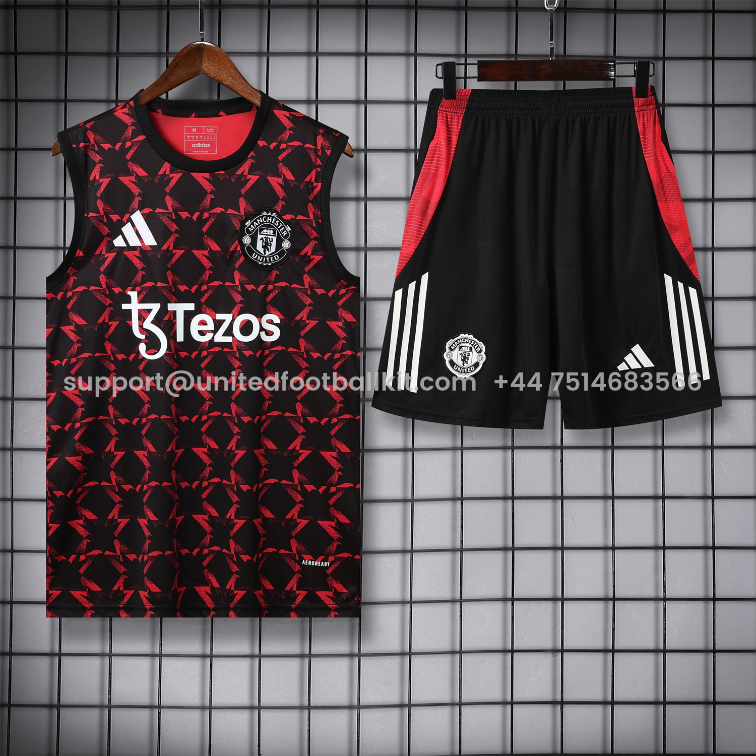 Unitedfootballkit.com | Manchester United 25-26 Pre-Match Vest Training Set - Red Top & Black Shorts -Customize Name, Number and Patch | Worldwide Shipping