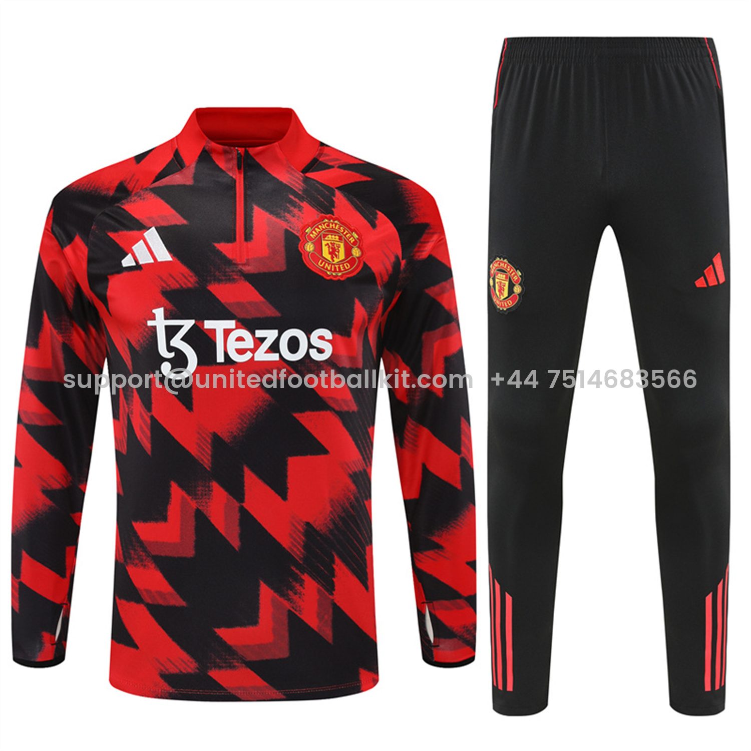 Unitedfootballkit.com | Manchester United 25-26 Kid Long Sleeves Training Set - Red-Black Top & Black Pants -Customize Name, Number and Patch | Worldwide Shipping