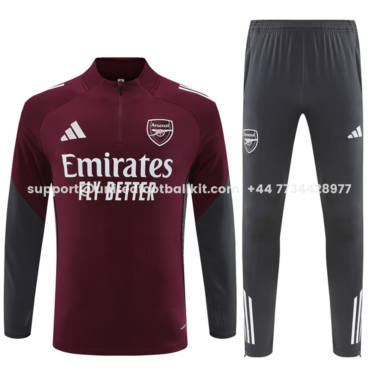 Unitedfootballkit.com | Arsenal 25-26 Long Sleeve Training Set - Wine Red Top & Grey Pants -Customize Name, Number and Patch | Worldwide Shipping