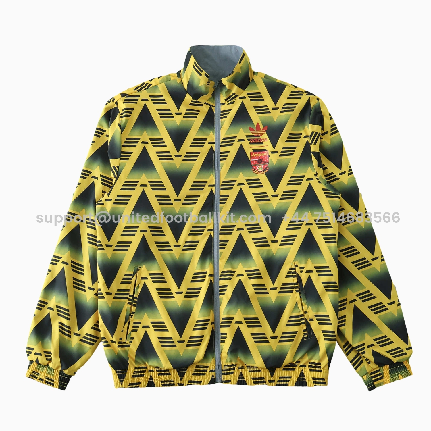Unitedfootballkit.com | Retro Arsenal 1991-93 Away Double Sided Reversible Windbreaker - Yellow & Grey -Customize Name, Number and Patch | Worldwide Shipping