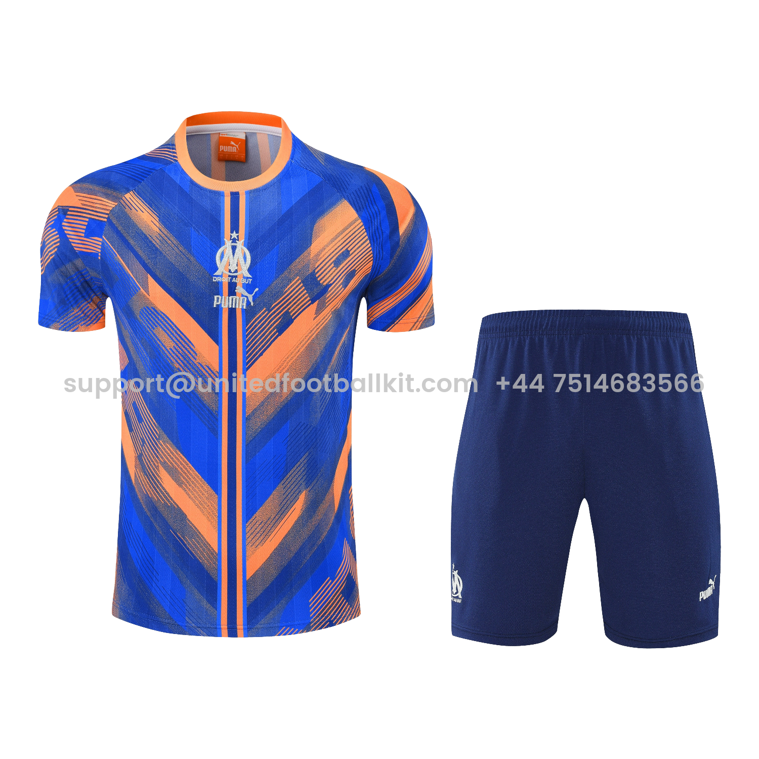 Unitedfootballkit.com | Marseille 25-26 Short-Sleeve Training Set - Blue Orange Top & Blue Shorts -Customize Name, Number and Patch | Worldwide Shipping
