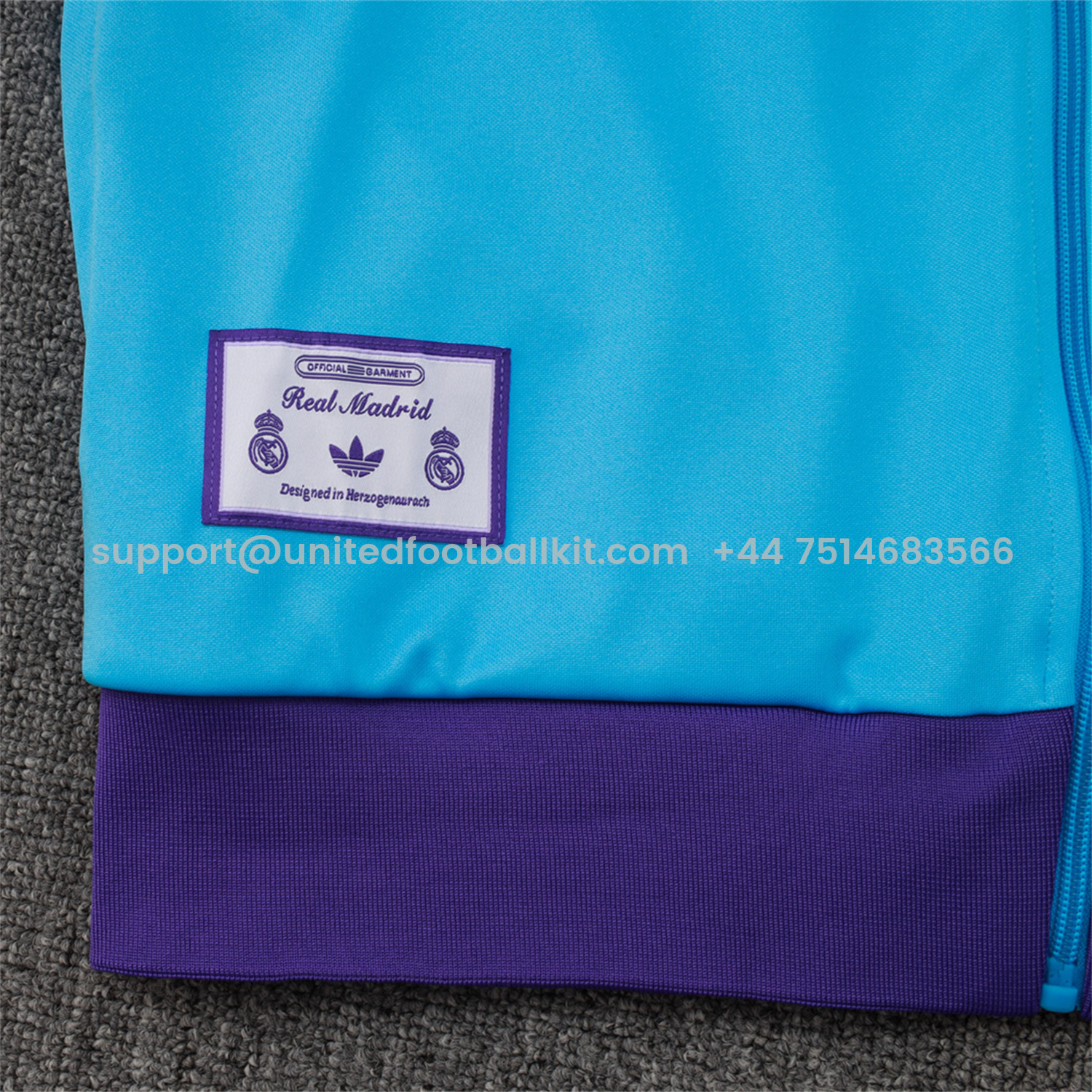 Unitedfootballkit.com | Real Madrid 25-26 Throwback Trefoil Jacket Training Tracksuit - Blue Jackets & Purple Pants -Customize Name, Number and Patch | Worldwide Shipping