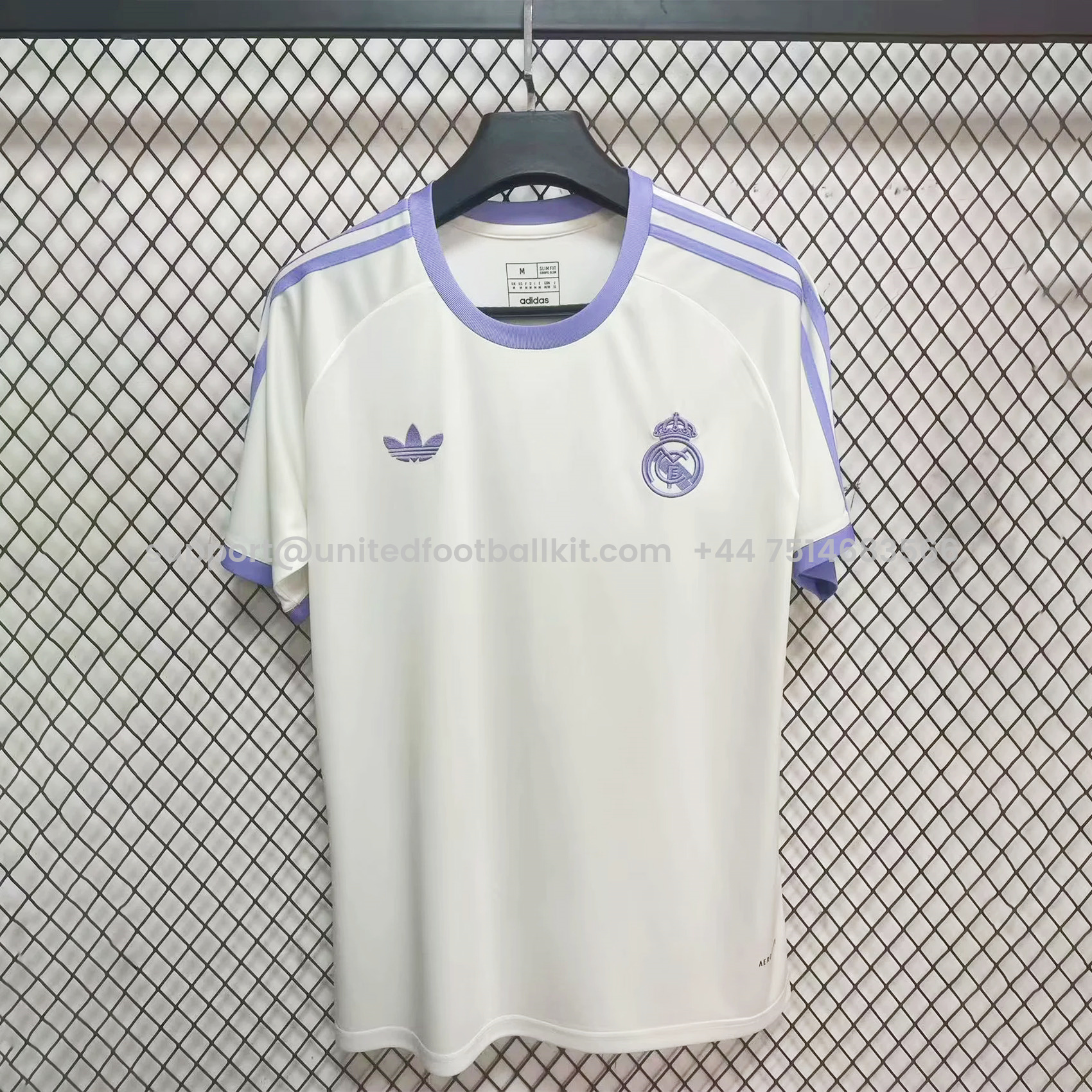 Unitedfootballkit.com | Real Madrid 24-25 Vintage Trefoil White and Purple Men's T-Shirt -Customize Name, Number and Patch | Worldwide Shipping