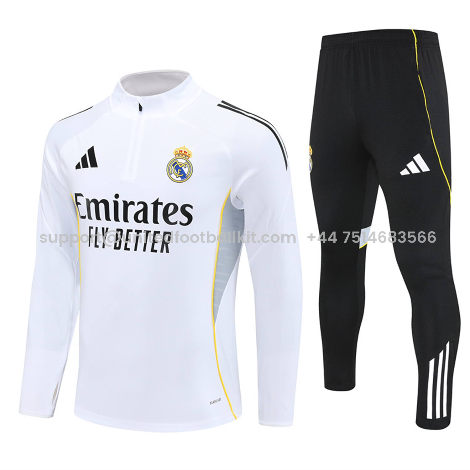 Unitedfootballkit.com | Real Madrid 25-26 Kids Long Sleeve Training Set - Yellow Line White Top and Black Shorts -Customize Name, Number and Patch | Worldwide Shipping